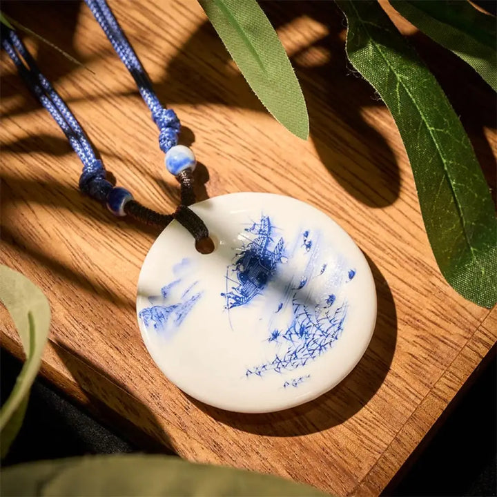 Buddha Stones Ethnic Peony Peach Blossoms Lotus Symbol Ceramics Necklace Enlightenment Pendant - BWOOOH - Misty River