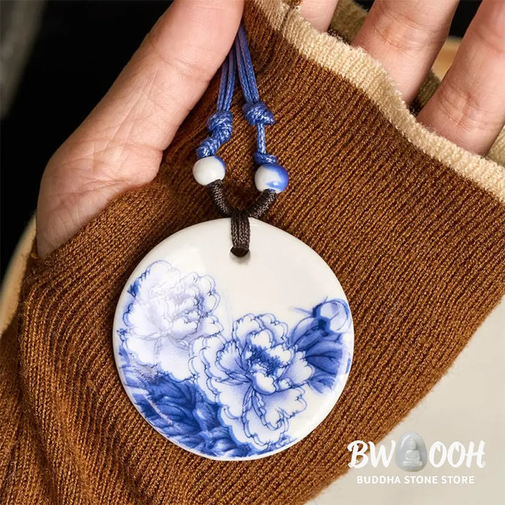 Buddha Stones Ethnic Peony Peach Blossoms Lotus Symbol Ceramics Necklace Enlightenment Pendant - BWOOOH - Necklaces &amp;