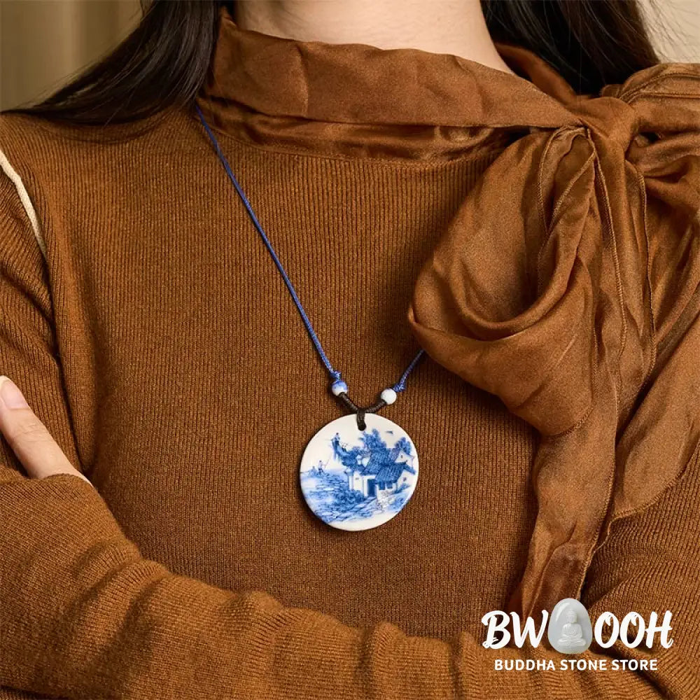 Buddha Stones Ethnic Peony Peach Blossoms Lotus Symbol Ceramics Necklace Enlightenment Pendant - BWOOOH - Necklaces &amp;