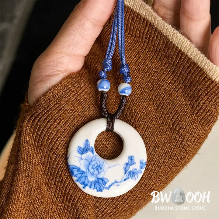 Buddha Stones Ethnic Peony Peach Blossoms Lotus Symbol Ceramics Necklace Enlightenment Pendant - BWOOOH - Necklaces &amp;