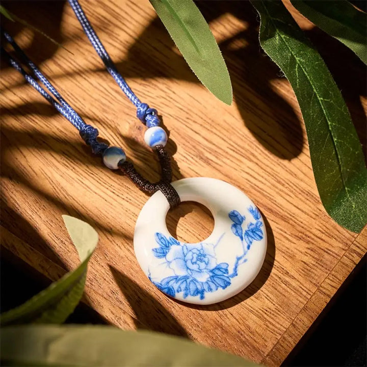 Buddha Stones Ethnic Peony Peach Blossoms Lotus Symbol Ceramics Necklace Enlightenment Pendant - BWOOOH - Peony