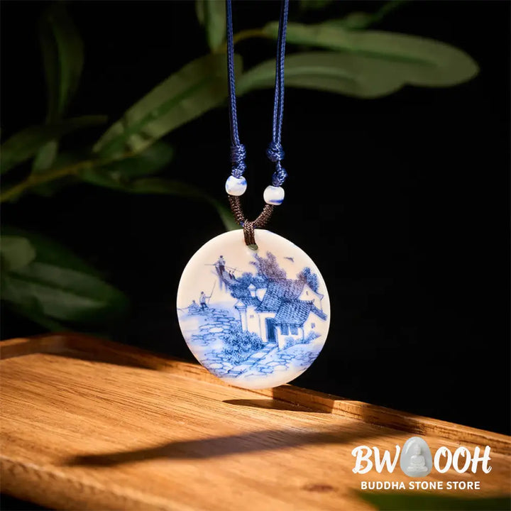 Buddha Stones Ethnic Peony Peach Blossoms Lotus Symbol Ceramics Necklace Enlightenment Pendant - BWOOOH - Necklaces &amp;