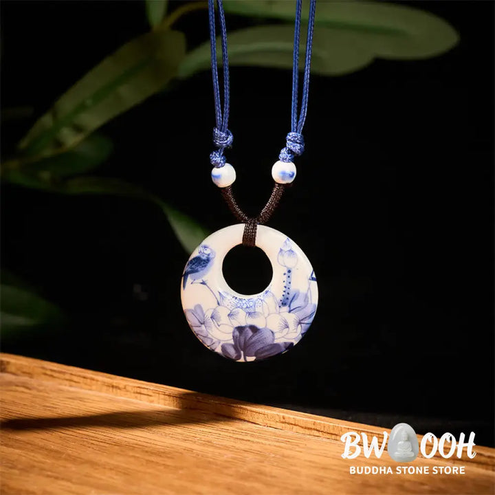Buddha Stones Ethnic Peony Peach Blossoms Lotus Symbol Ceramics Necklace Enlightenment Pendant - BWOOOH - Necklaces &amp;