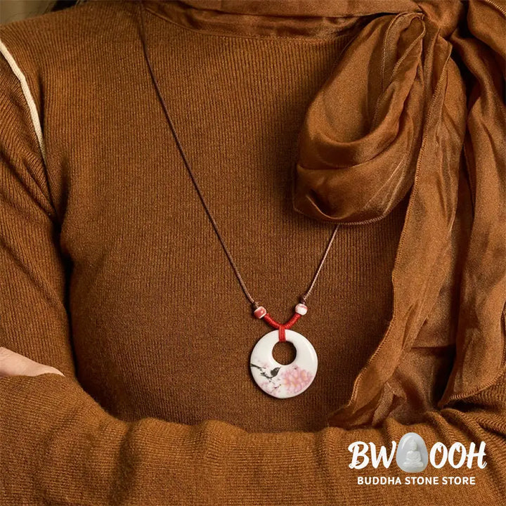 Buddha Stones Ethnic Peony Peach Blossoms Lotus Symbol Ceramics Necklace Enlightenment Pendant - BWOOOH - Necklaces &amp;