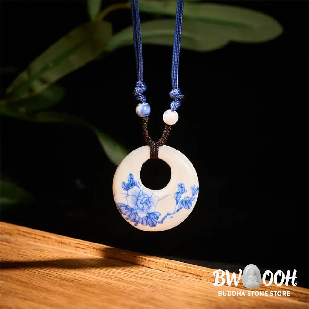 Buddha Stones Ethnic Peony Peach Blossoms Lotus Symbol Ceramics Necklace Enlightenment Pendant - BWOOOH - Necklaces &amp;