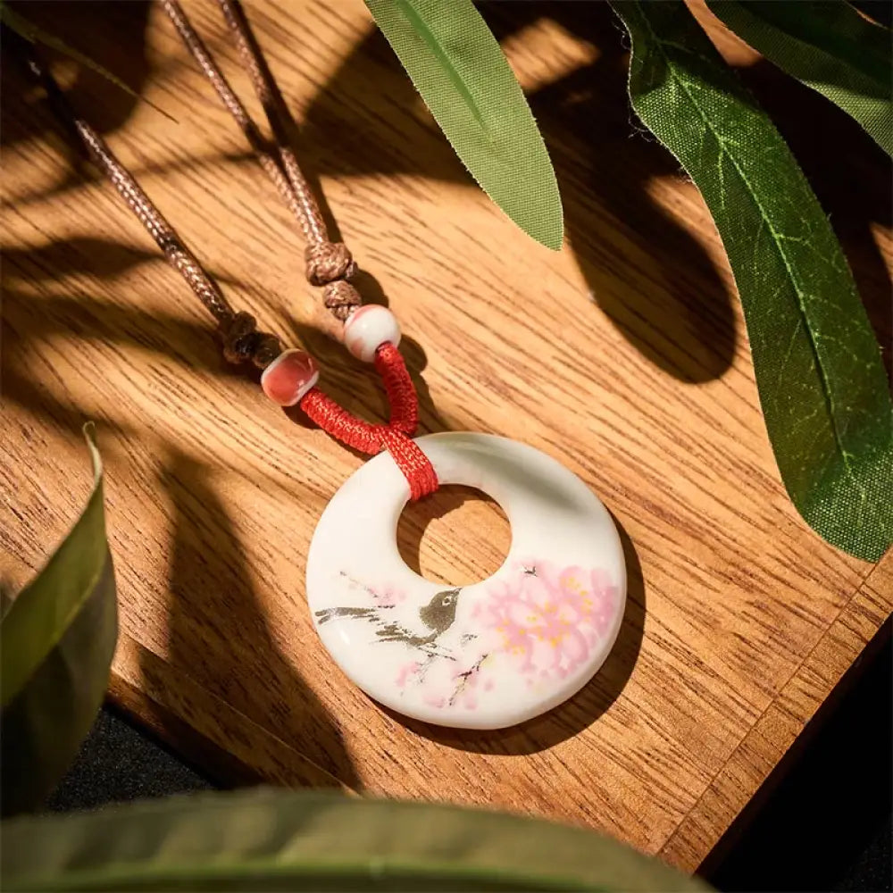 Buddha Stones Ethnic Peony Peach Blossoms Lotus Symbol Ceramics Necklace Enlightenment Pendant - BWOOOH - Peach