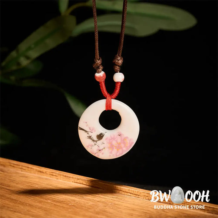 Buddha Stones Ethnic Peony Peach Blossoms Lotus Symbol Ceramics Necklace Enlightenment Pendant - BWOOOH - Necklaces &amp;
