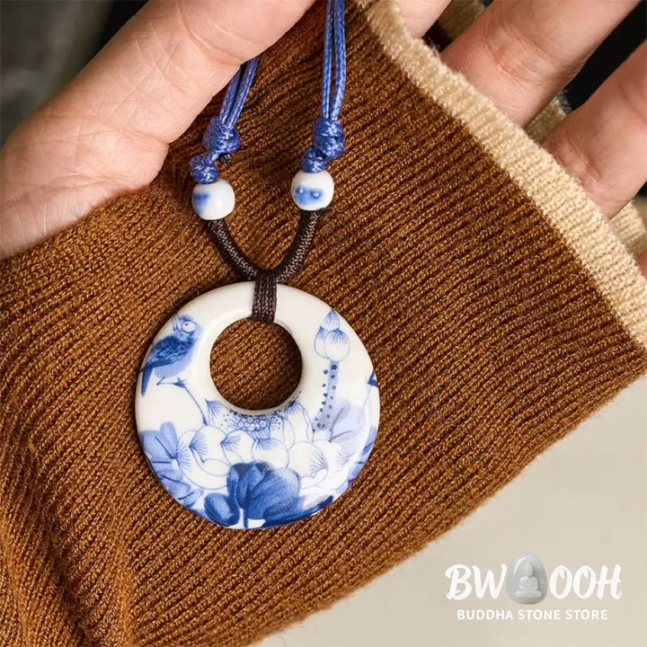 Buddha Stones Ethnic Peony Peach Blossoms Lotus Symbol Ceramics Necklace Enlightenment Pendant - BWOOOH - Necklaces &amp;