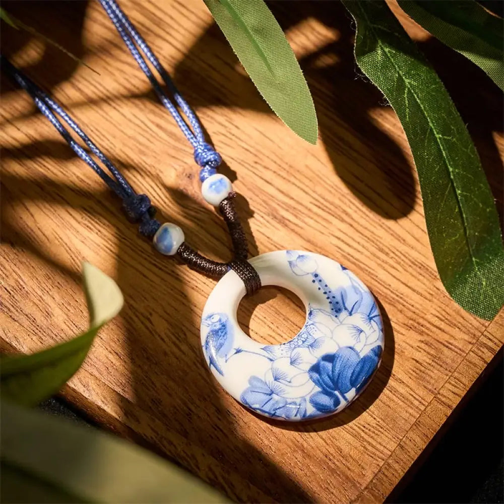 Buddha Stones Ethnic Peony Peach Blossoms Lotus Symbol Ceramics Necklace Enlightenment Pendant - BWOOOH - Lotus