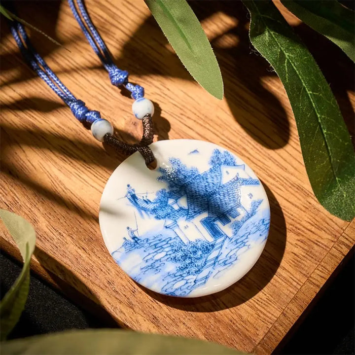 Buddha Stones Ethnic Peony Peach Blossoms Lotus Symbol Ceramics Necklace Enlightenment Pendant - BWOOOH - Village