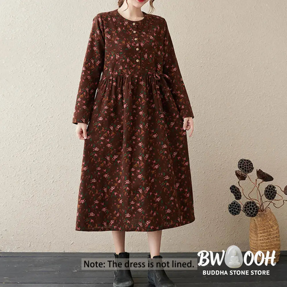 Buddha Stones Ethnic Printing Floral Long Sleeve Buttons Design Cotton Linen Midi Dress With Pockets - Midi Dress