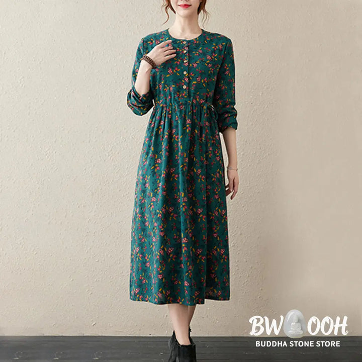 Buddha Stones Ethnic Printing Floral Long Sleeve Buttons Design Cotton Linen Midi Dress With Pockets - Midi Dress