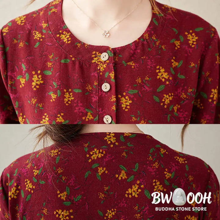 Buddha Stones Ethnic Printing Floral Long Sleeve Buttons Design Cotton Linen Midi Dress With Pockets - Midi Dress