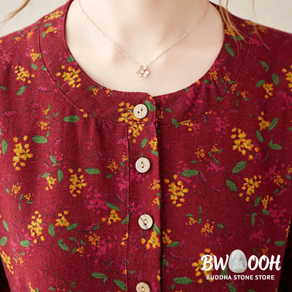 Buddha Stones Ethnic Printing Floral Long Sleeve Buttons Design Cotton Linen Midi Dress With Pockets - Midi Dress