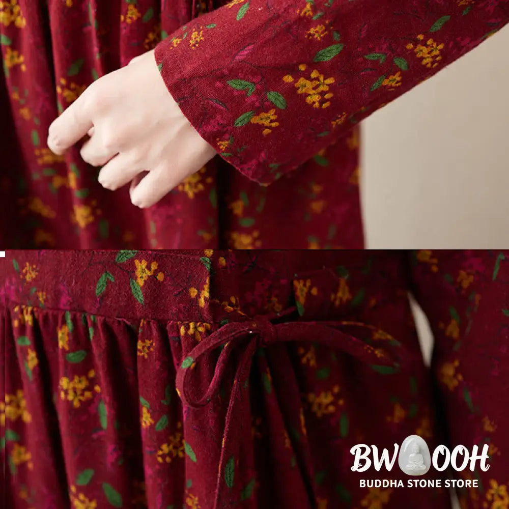 Buddha Stones Ethnic Printing Floral Long Sleeve Buttons Design Cotton Linen Midi Dress With Pockets - Midi Dress