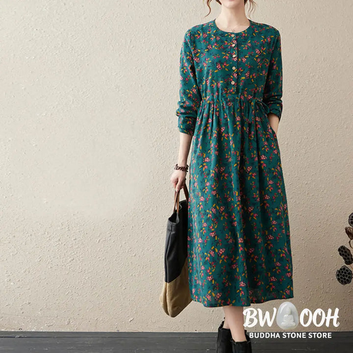 Buddha Stones Ethnic Printing Floral Long Sleeve Buttons Design Cotton Linen Midi Dress With Pockets - Midi Dress