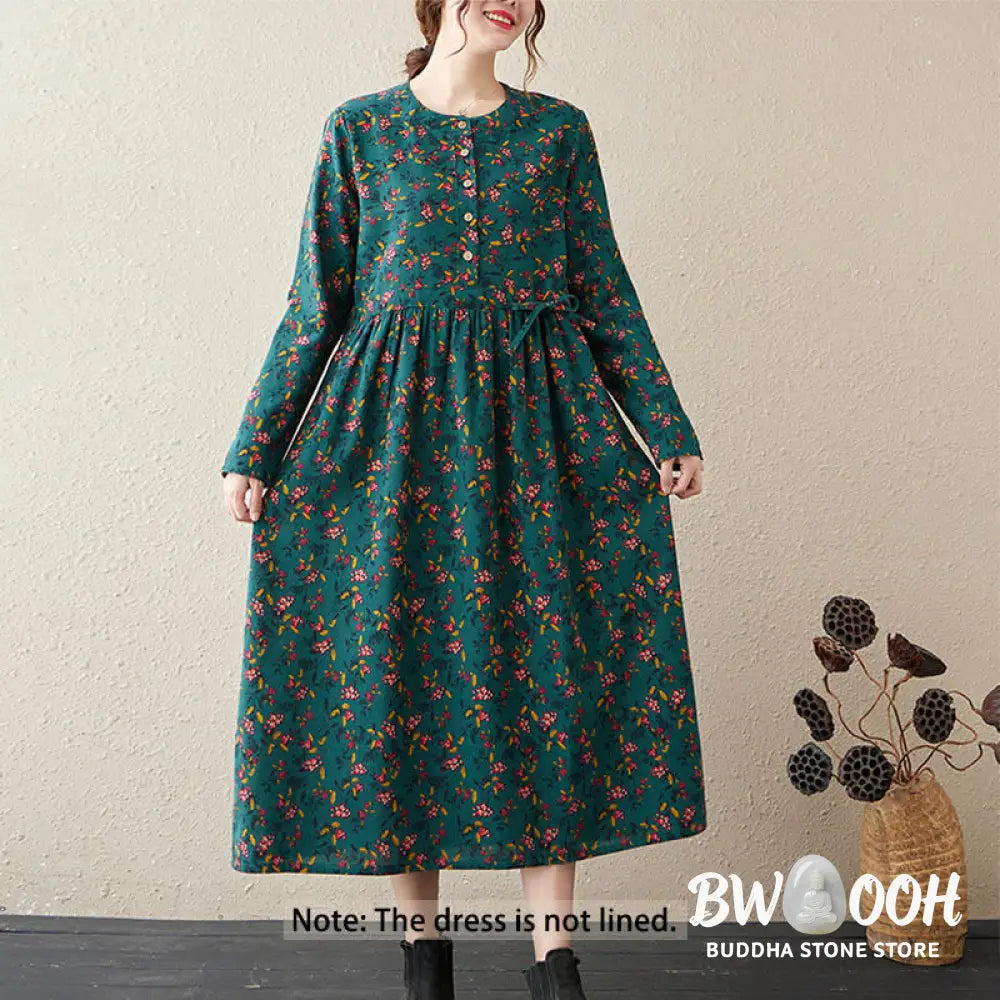 Buddha Stones Ethnic Printing Floral Long Sleeve Buttons Design Cotton Linen Midi Dress With Pockets - Midi Dress