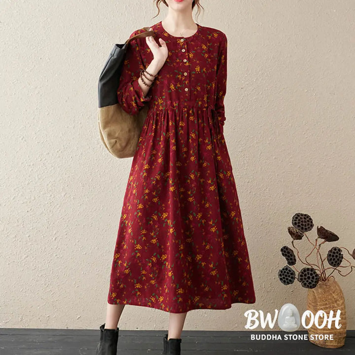 Buddha Stones Ethnic Printing Floral Long Sleeve Buttons Design Cotton Linen Midi Dress With Pockets - Midi Dress