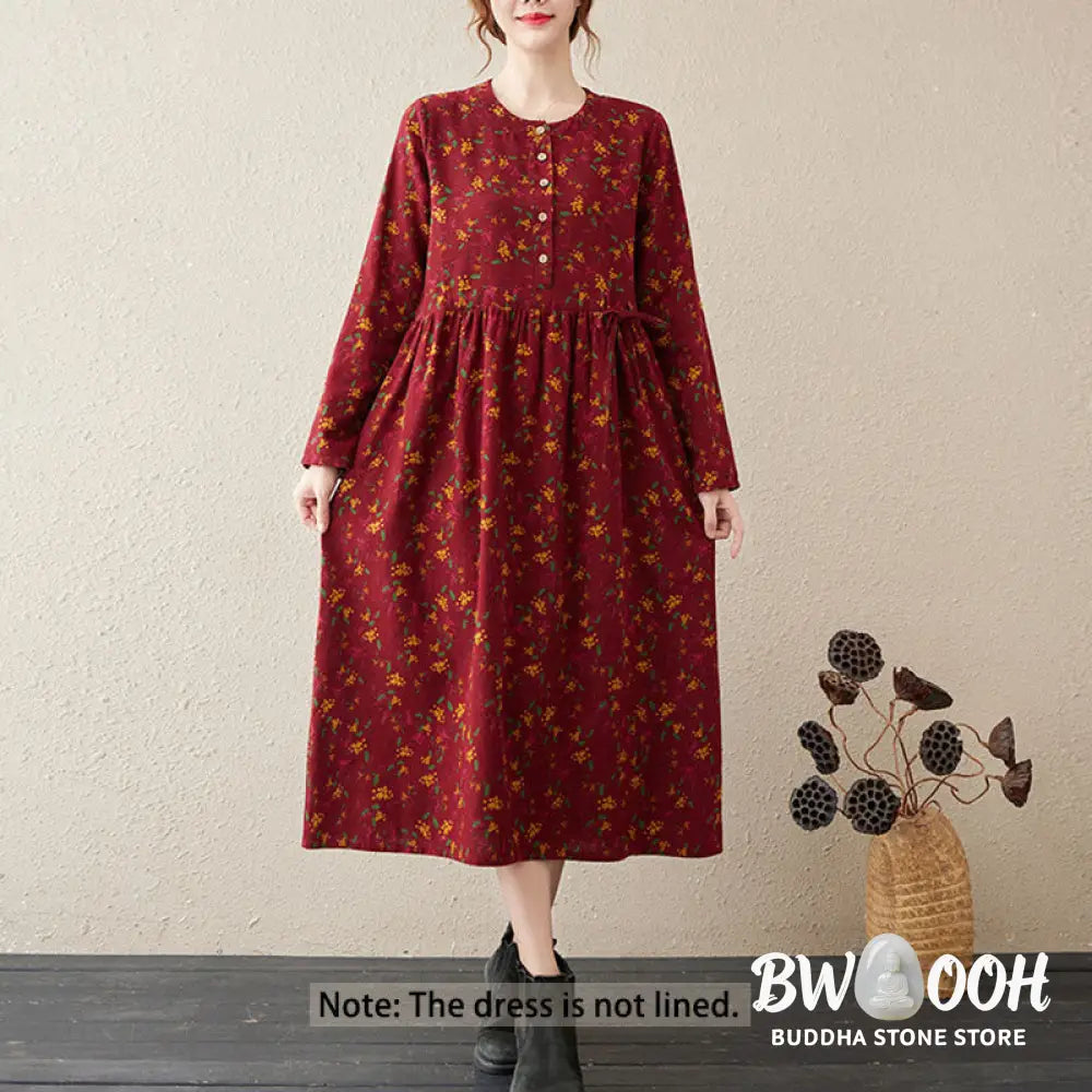 Buddha Stones Ethnic Printing Floral Long Sleeve Buttons Design Cotton Linen Midi Dress With Pockets - Midi Dress