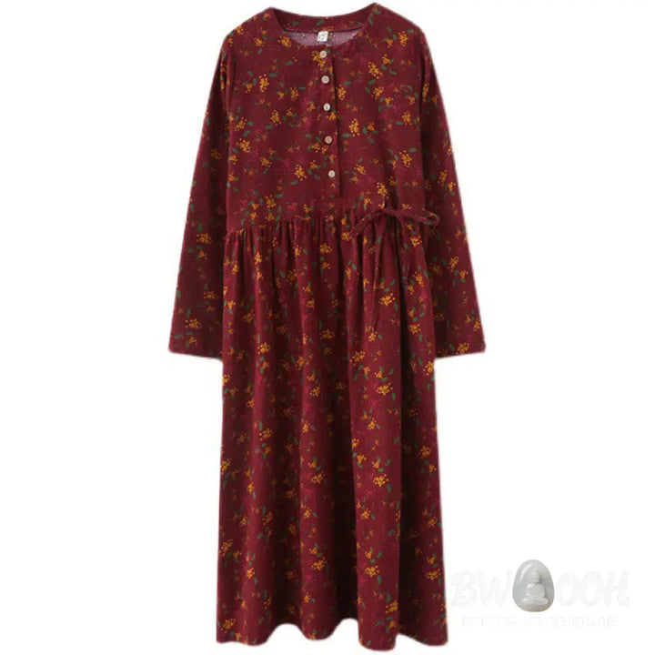 Buddha Stones Ethnic Printing Floral Long Sleeve Buttons Design Cotton Linen Midi Dress With Pockets - Midi Dress