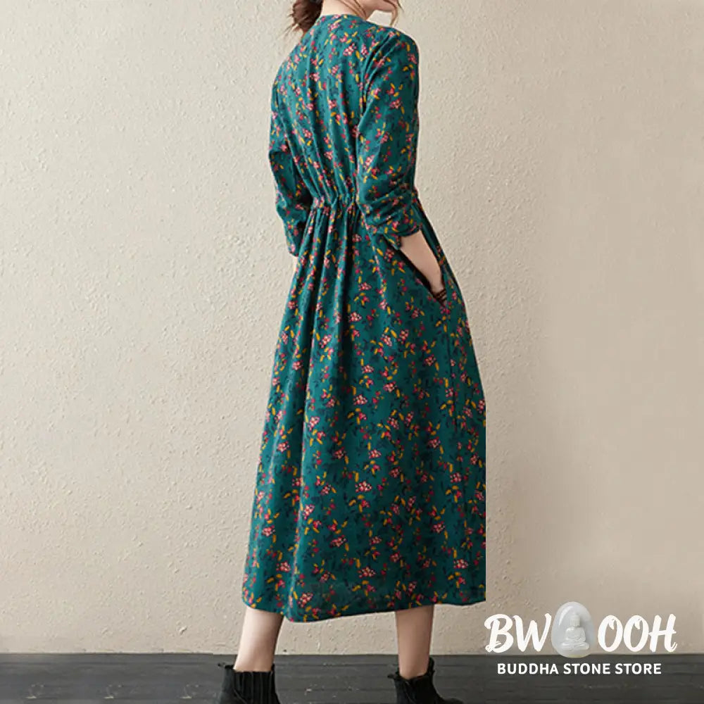 Buddha Stones Ethnic Printing Floral Long Sleeve Buttons Design Cotton Linen Midi Dress With Pockets - Midi Dress