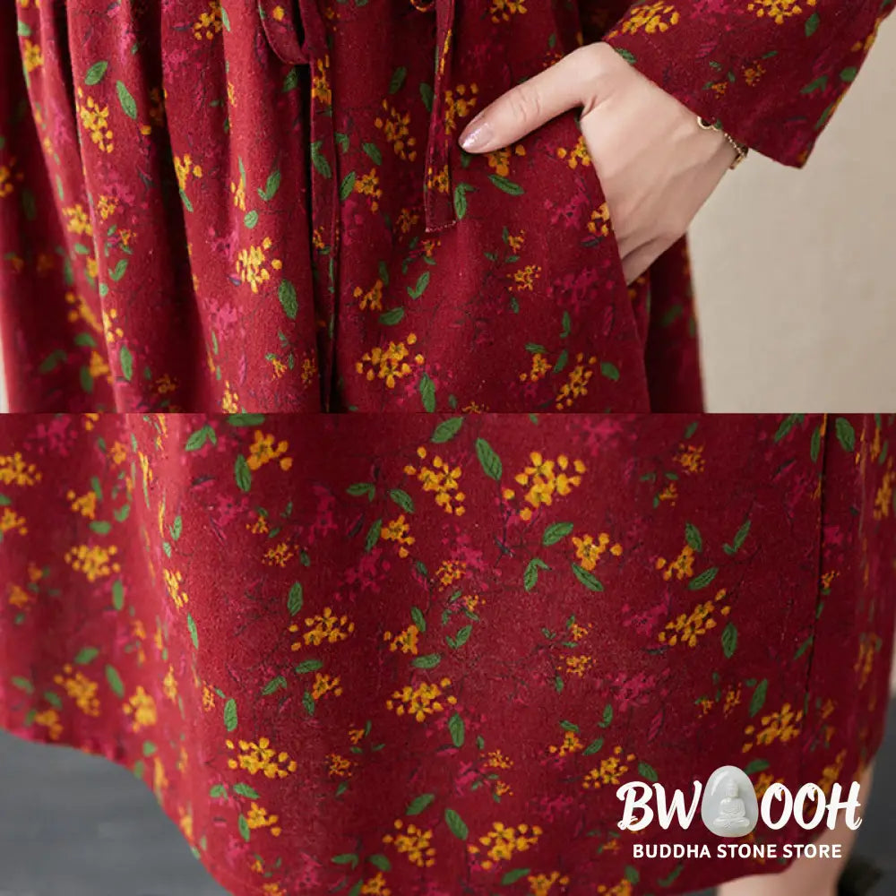 Buddha Stones Ethnic Printing Floral Long Sleeve Buttons Design Cotton Linen Midi Dress With Pockets - Midi Dress
