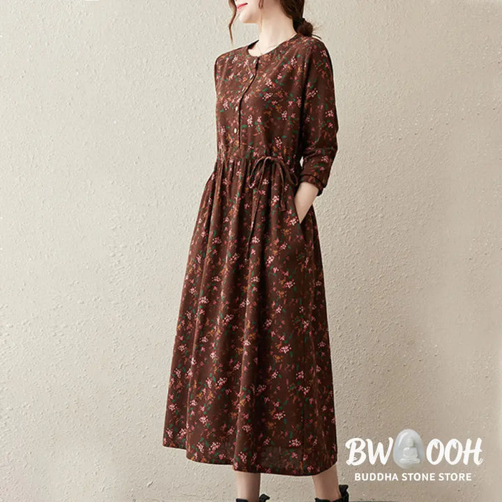 Buddha Stones Ethnic Printing Floral Long Sleeve Buttons Design Cotton Linen Midi Dress With Pockets - Midi Dress