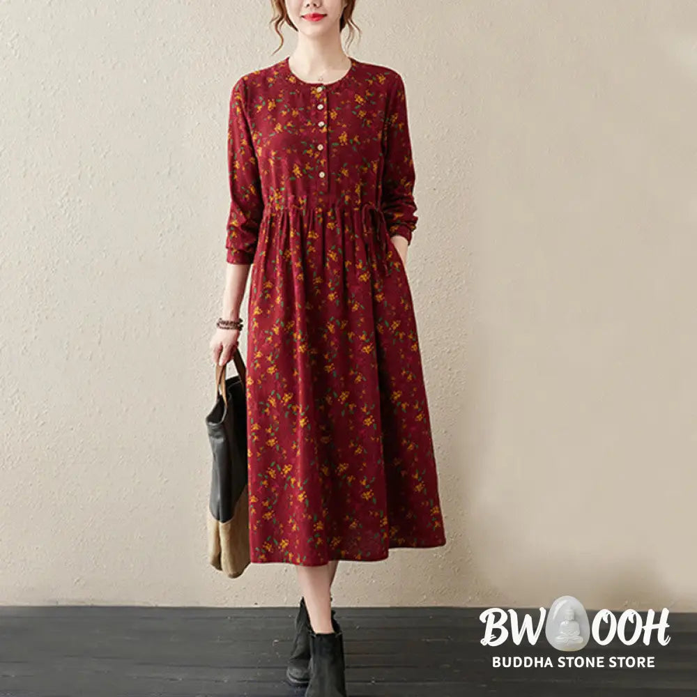 Buddha Stones Ethnic Printing Floral Long Sleeve Buttons Design Cotton Linen Midi Dress With Pockets - Midi Dress