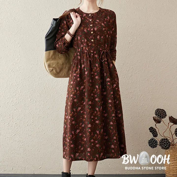 Buddha Stones Ethnic Printing Floral Long Sleeve Buttons Design Cotton Linen Midi Dress With Pockets - Midi Dress