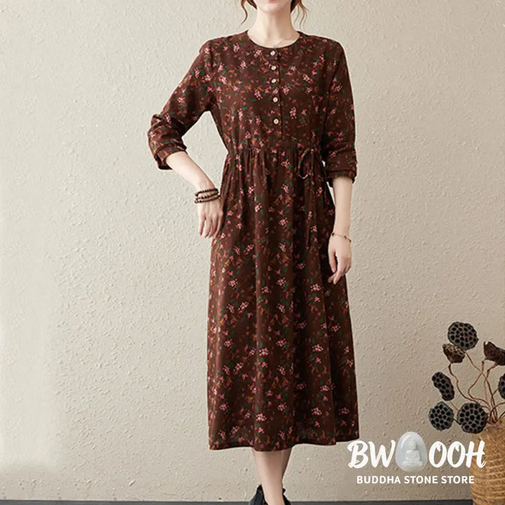 Buddha Stones Ethnic Printing Floral Long Sleeve Buttons Design Cotton Linen Midi Dress With Pockets - Midi Dress