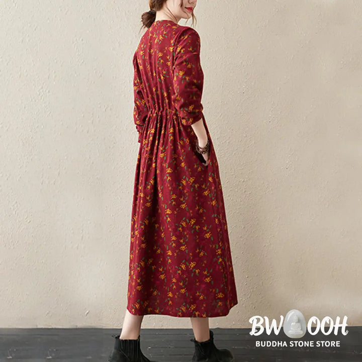 Buddha Stones Ethnic Printing Floral Long Sleeve Buttons Design Cotton Linen Midi Dress With Pockets - Midi Dress