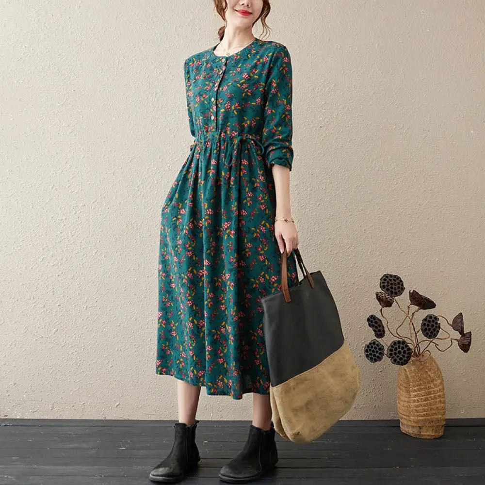 Buddha Stones Ethnic Printing Floral Long Sleeve Buttons Design Cotton Linen Midi Dress With Pockets - DarkCyan