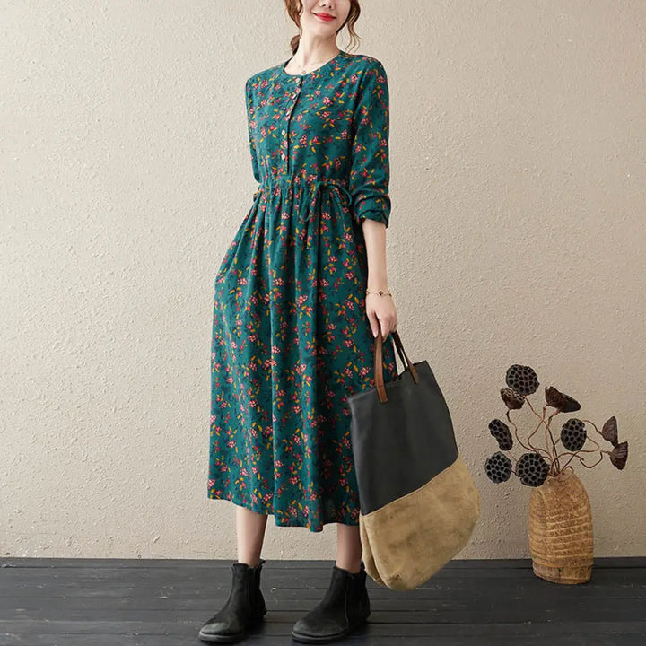 Buddha Stones Ethnic Printing Floral Long Sleeve Buttons Design Cotton Linen Midi Dress With Pockets - DarkCyan