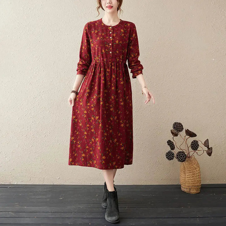 Buddha Stones Ethnic Printing Floral Long Sleeve Buttons Design Cotton Linen Midi Dress With Pockets - FireBrick