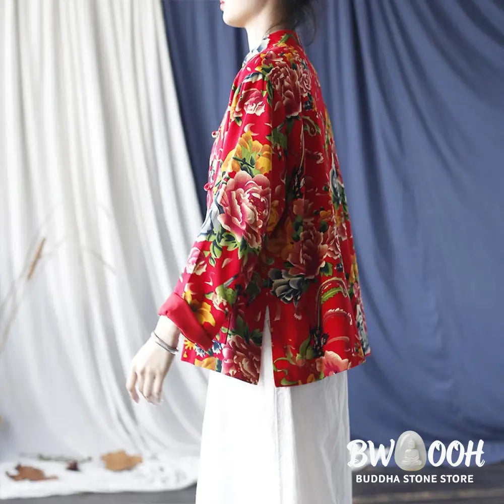 Buddha Stones Ethnic Red Flower Peony Frog-Button Cotton Linen Long Sleeve Shirt Jacket With Pockets