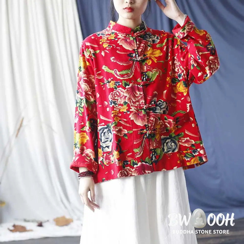 Buddha Stones Ethnic Red Flower Peony Frog-Button Cotton Linen Long Sleeve Shirt Jacket With Pockets