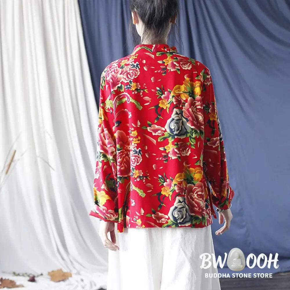 Buddha Stones Ethnic Red Flower Peony Frog-Button Cotton Linen Long Sleeve Shirt Jacket With Pockets