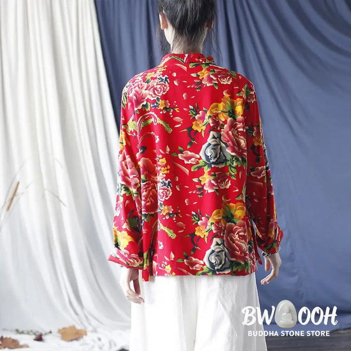 Buddha Stones Ethnic Red Flower Peony Frog-Button Cotton Linen Long Sleeve Shirt Jacket With Pockets