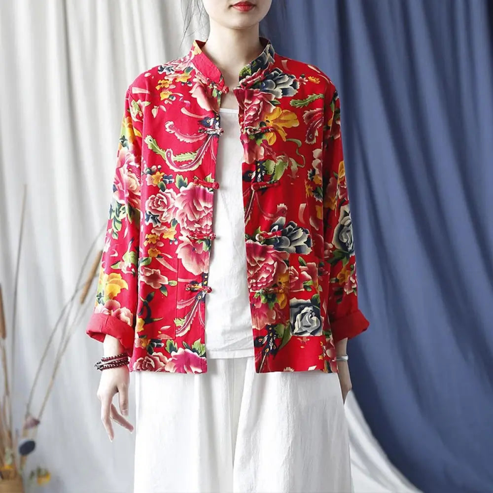 BWOOOH Ethnic Red Flower Peony Frog-Button Cotton Linen L