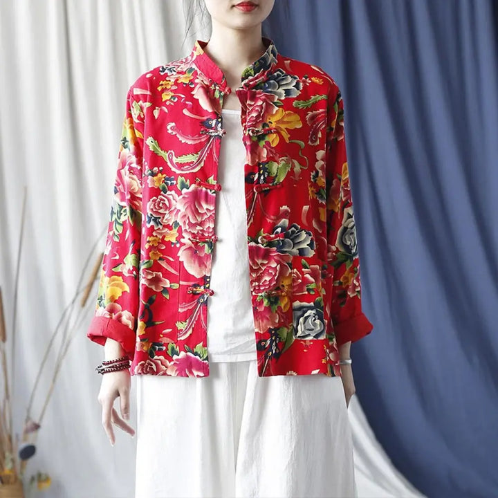 BWOOOH Ethnic Red Flower Peony Frog-Button Cotton Linen L