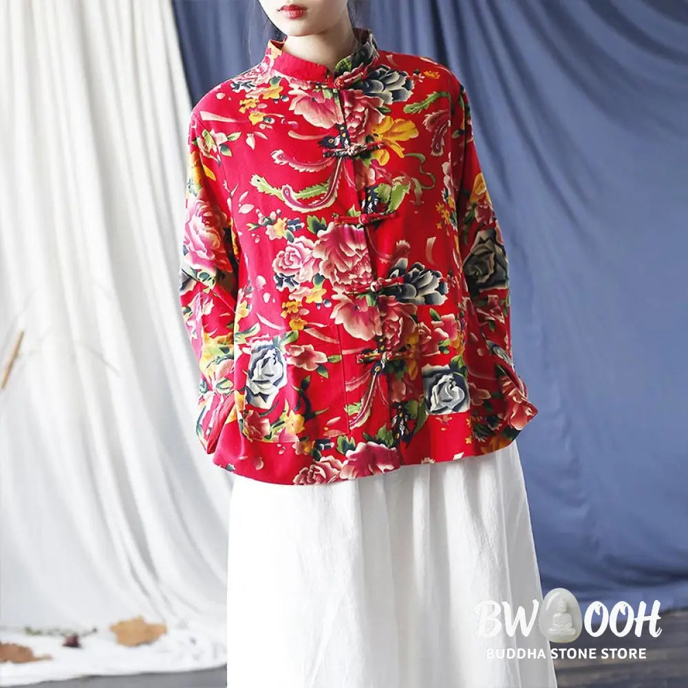 Buddha Stones Ethnic Red Flower Peony Frog-Button Cotton Linen Long Sleeve Shirt Jacket With Pockets
