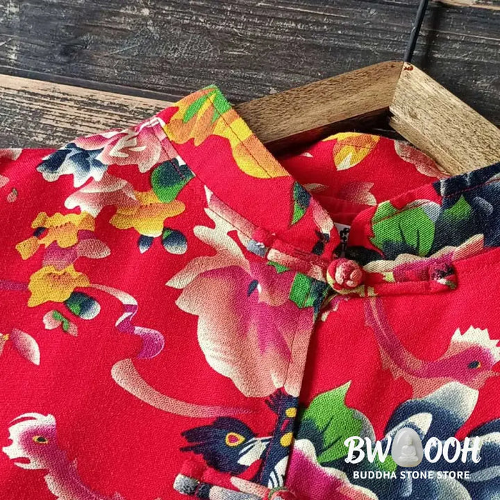 Buddha Stones Ethnic Red Flower Peony Frog-Button Cotton Linen Long Sleeve Shirt Jacket With Pockets