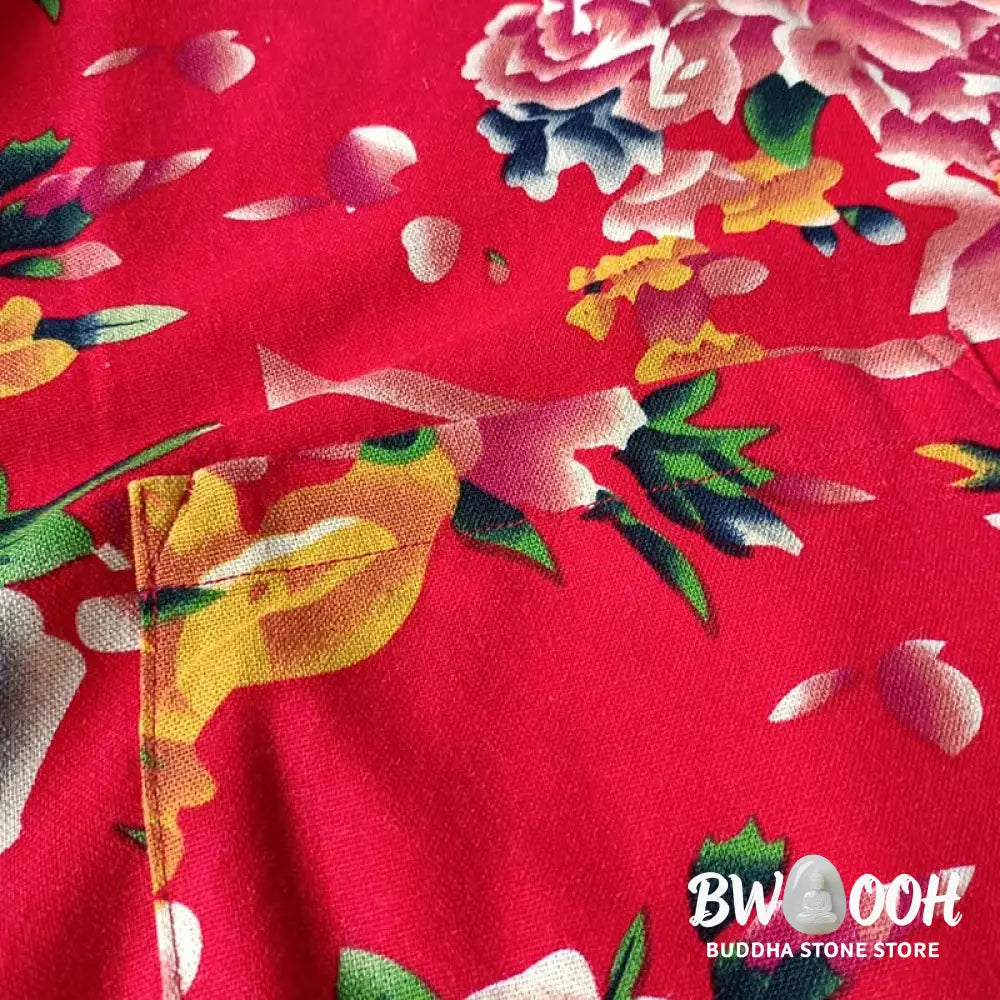 Buddha Stones Ethnic Red Flower Peony Frog-Button Cotton Linen Long Sleeve Shirt Jacket With Pockets
