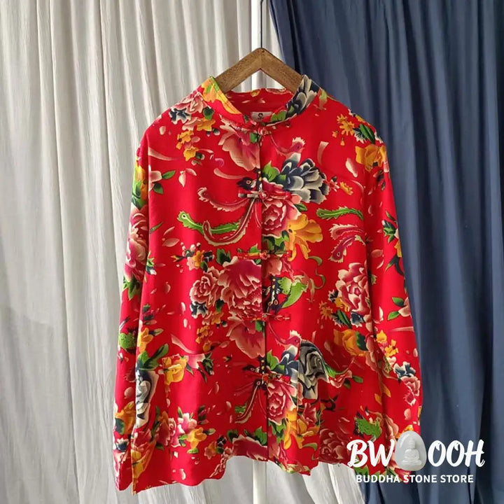 Buddha Stones Ethnic Red Flower Peony Frog-Button Cotton Linen Long Sleeve Shirt Jacket With Pockets