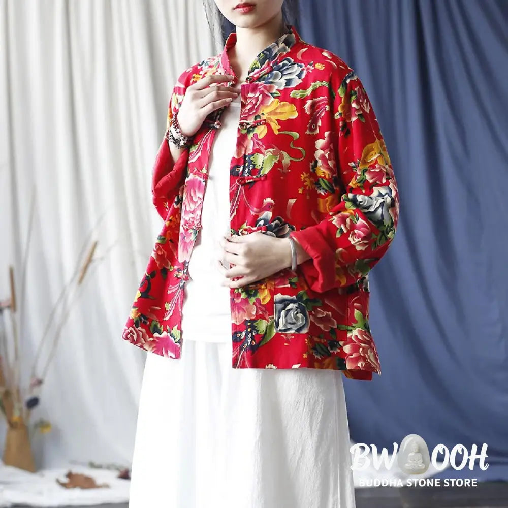 Buddha Stones Ethnic Red Flower Peony Frog-Button Cotton Linen Long Sleeve Shirt Jacket With Pockets