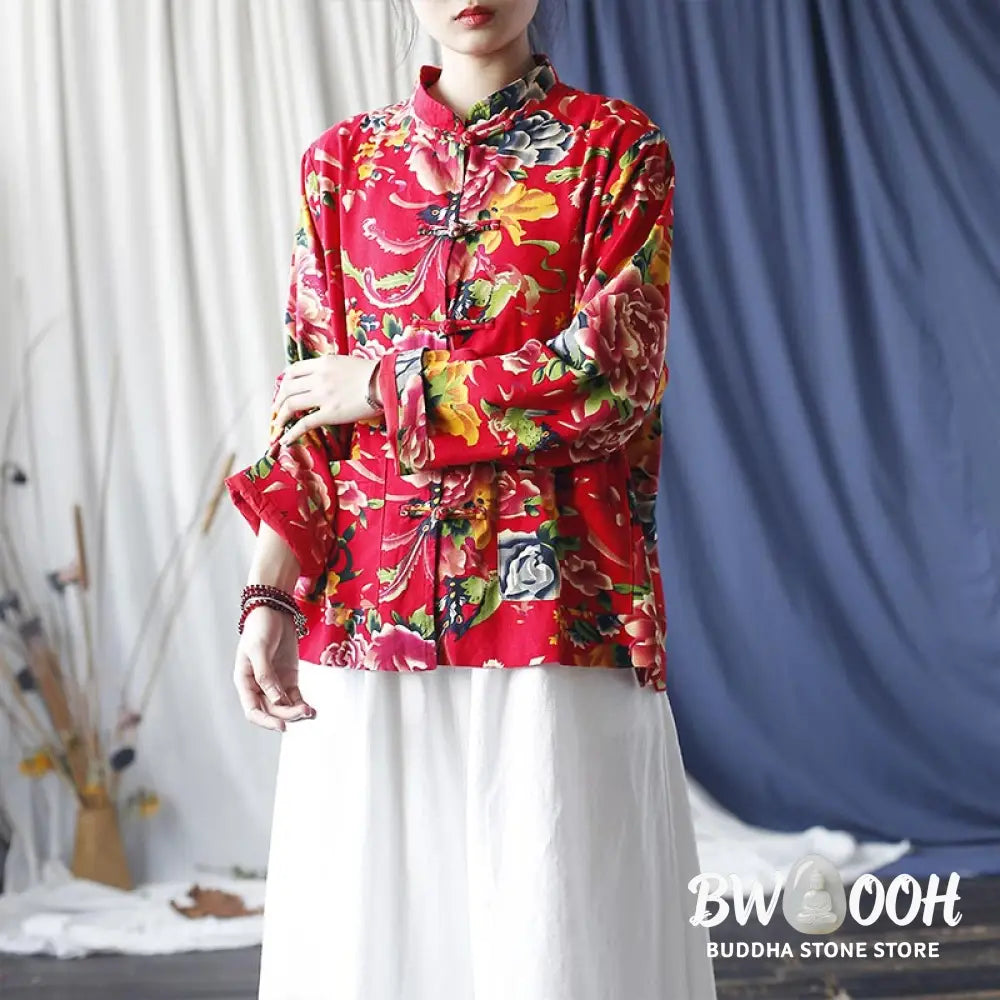 Buddha Stones Ethnic Red Flower Peony Frog-Button Cotton Linen Long Sleeve Shirt Jacket With Pockets