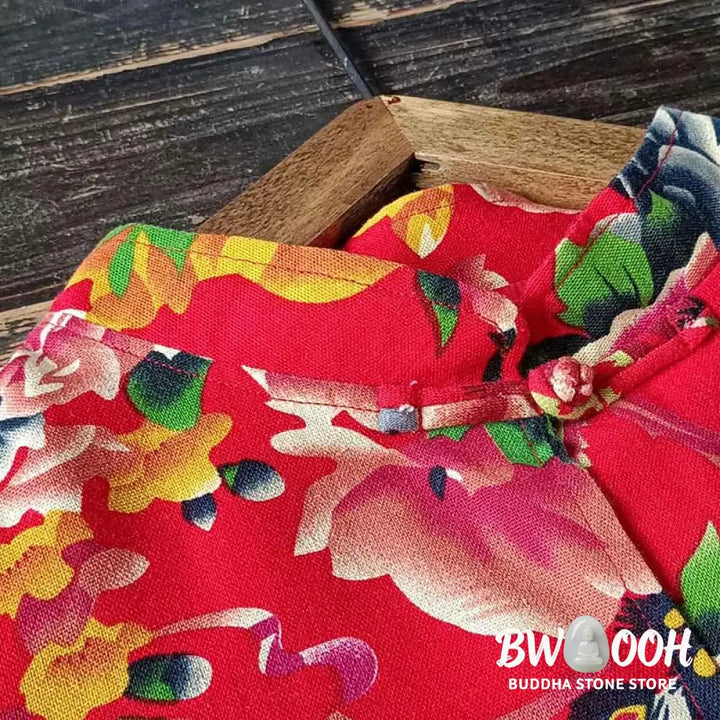 Buddha Stones Ethnic Red Flower Peony Frog-Button Cotton Linen Long Sleeve Shirt Jacket With Pockets