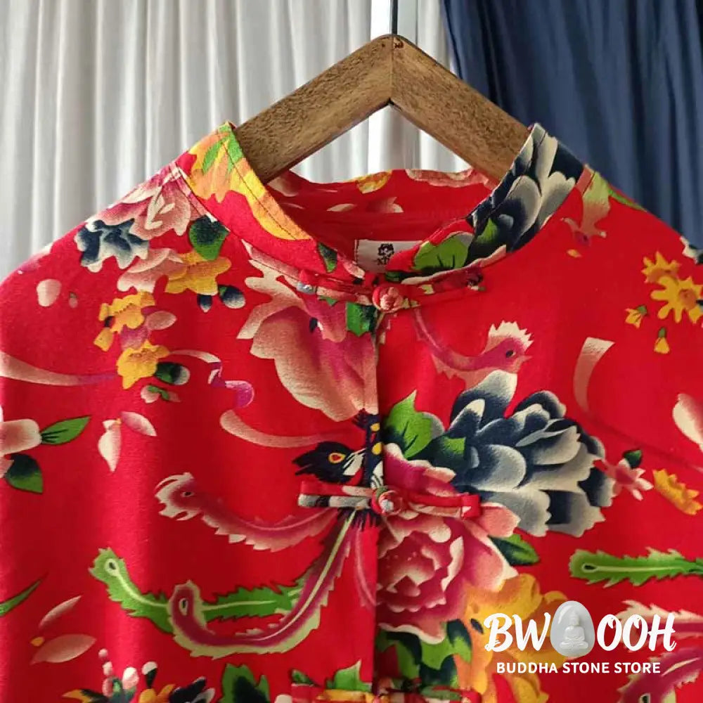 Buddha Stones Ethnic Red Flower Peony Frog-Button Cotton Linen Long Sleeve Shirt Jacket With Pockets