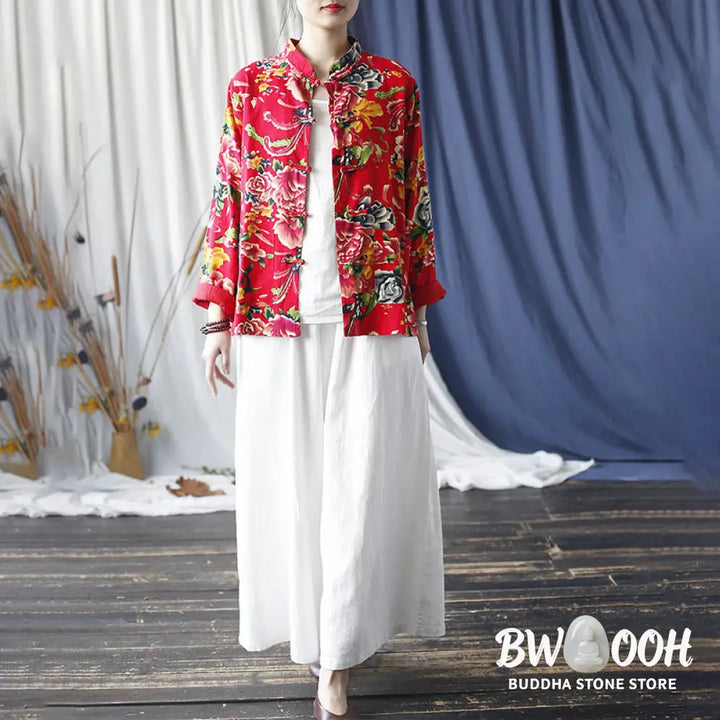 Buddha Stones Ethnic Red Flower Peony Frog-Button Cotton Linen Long Sleeve Shirt Jacket With Pockets