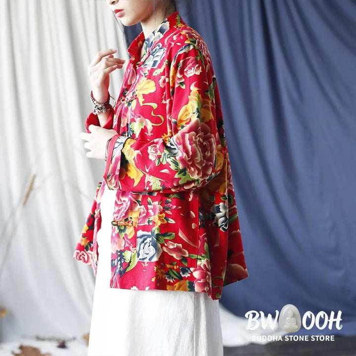 Buddha Stones Ethnic Red Flower Peony Frog-Button Cotton Linen Long Sleeve Shirt Jacket With Pockets